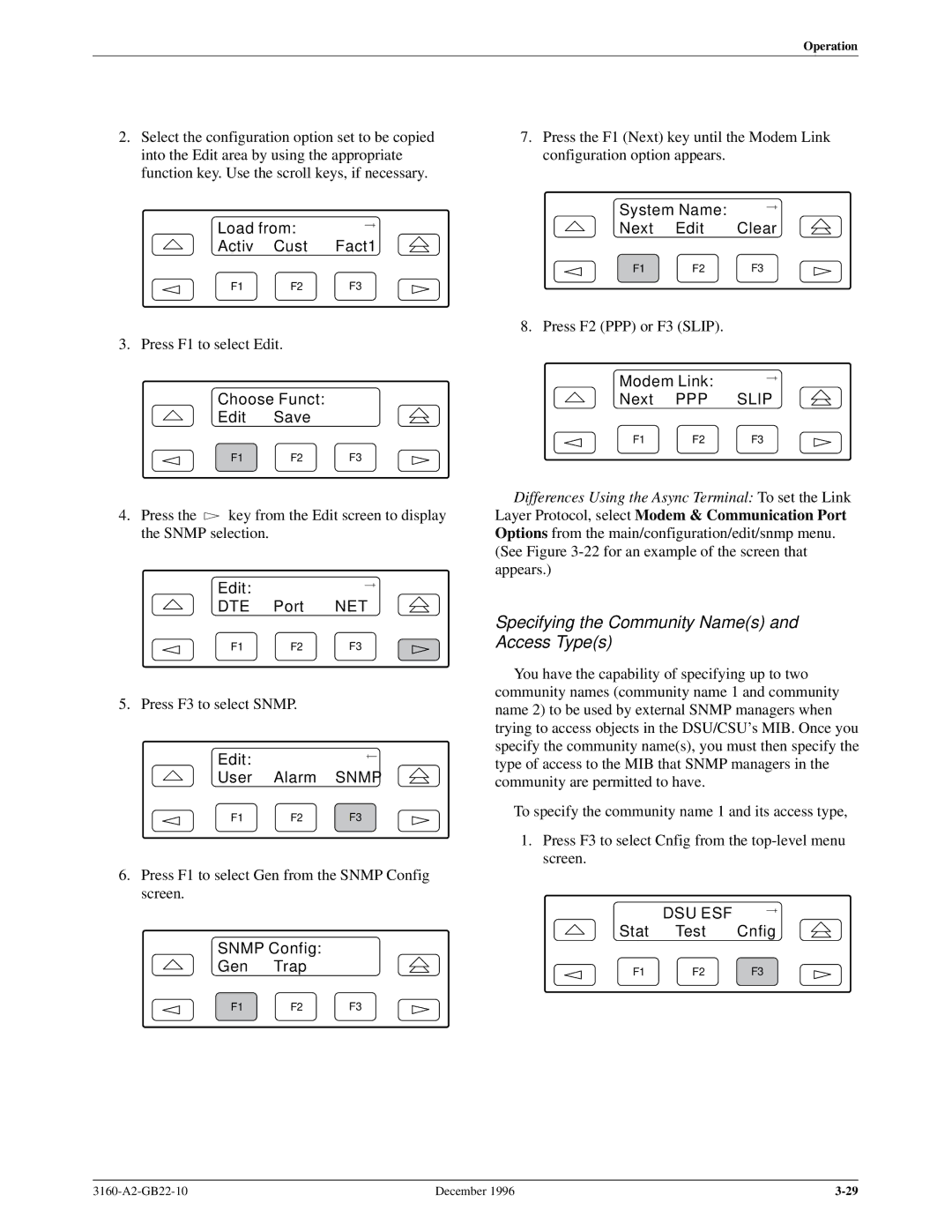 Paradyne 316x manual Specifying the Community Names and Access Types, Modem Link Next PPP Slip 