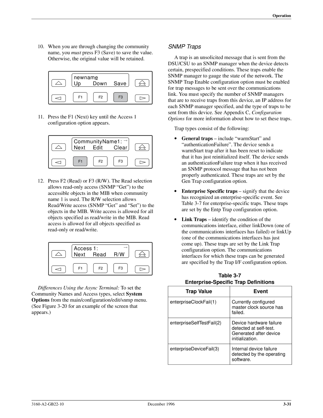 Paradyne 316x manual Snmp Traps, Newname Up Down Save, Access Next Read R/W 