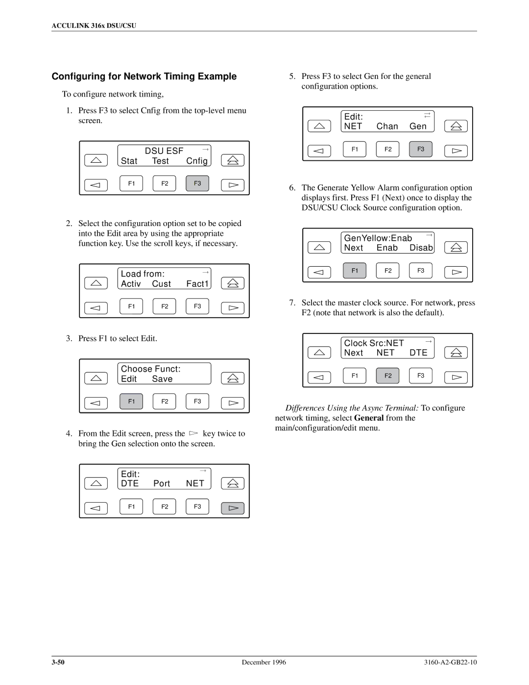 Paradyne 316x manual Configuring for Network Timing Example, Edit NET Chan Gen, GenYellowEnab Next Enab Disab 