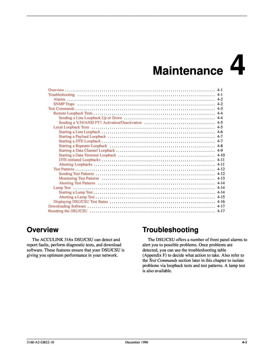 Paradyne 316x manual Maintenance, Troubleshooting, Overview 