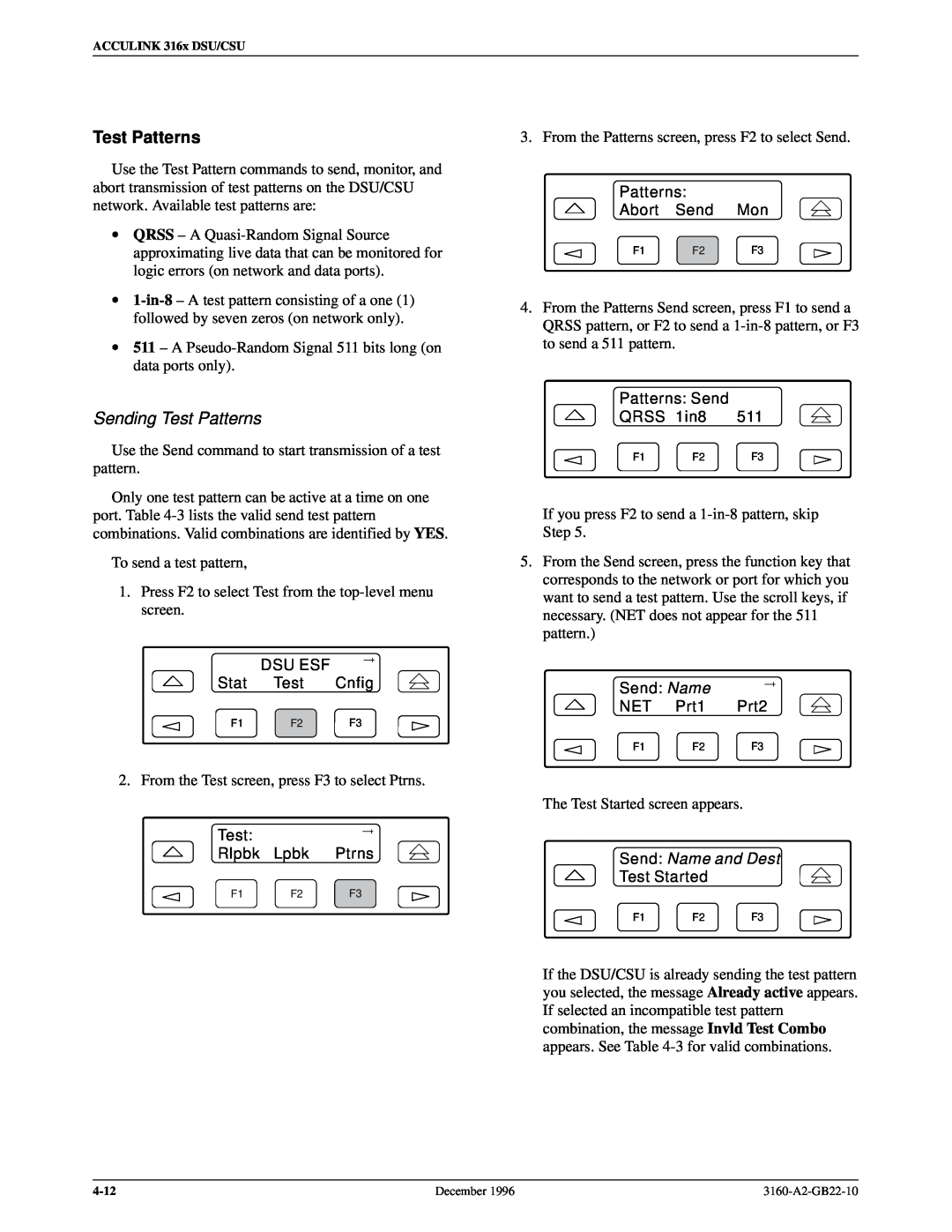 Paradyne 316x manual Sending Test Patterns, Send Name and Dest 