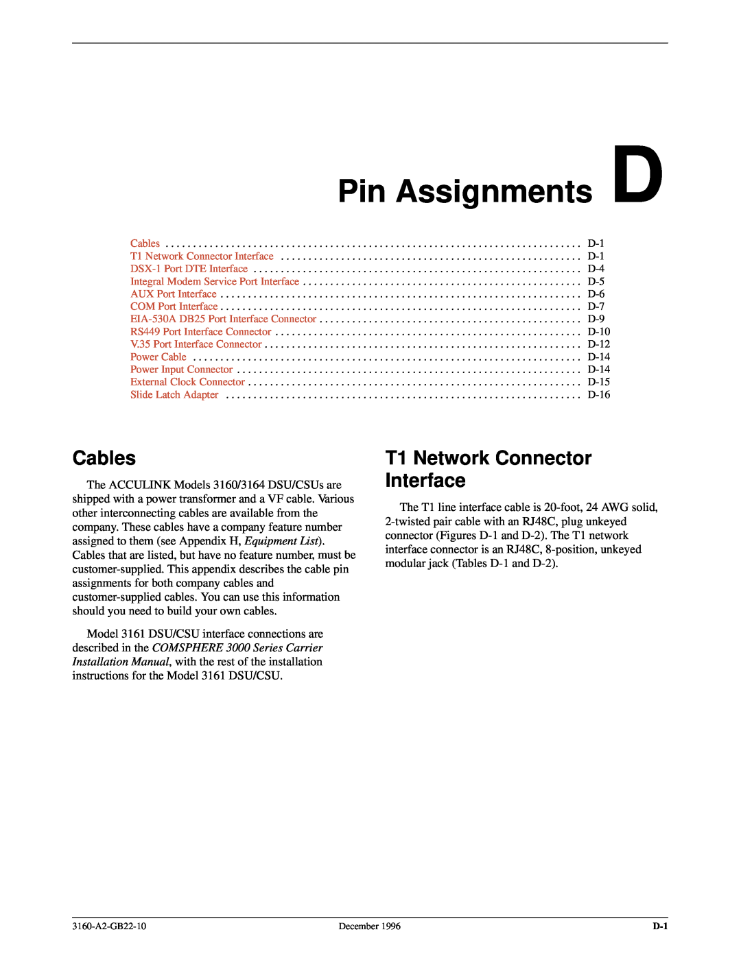 Paradyne 316x manual Pin Assignments D, Cables, T1 Network Connector Interface 