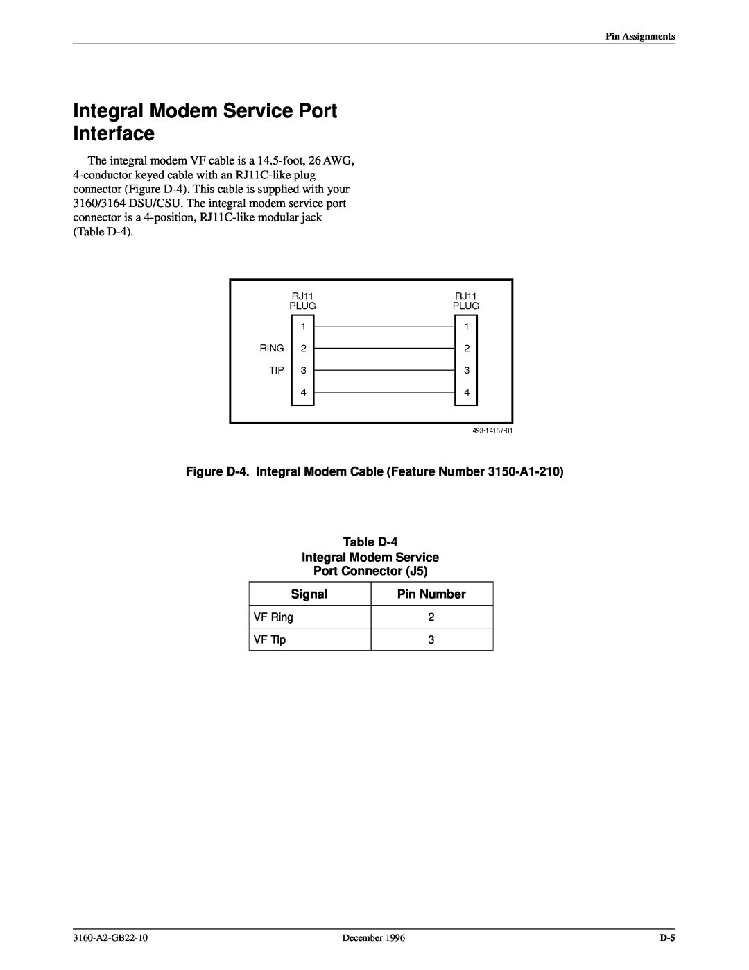 Paradyne 316x Integral Modem Service Port Interface, Figure D-4. Integral Modem Cable Feature Number 3150-A1-210 Table D-4 