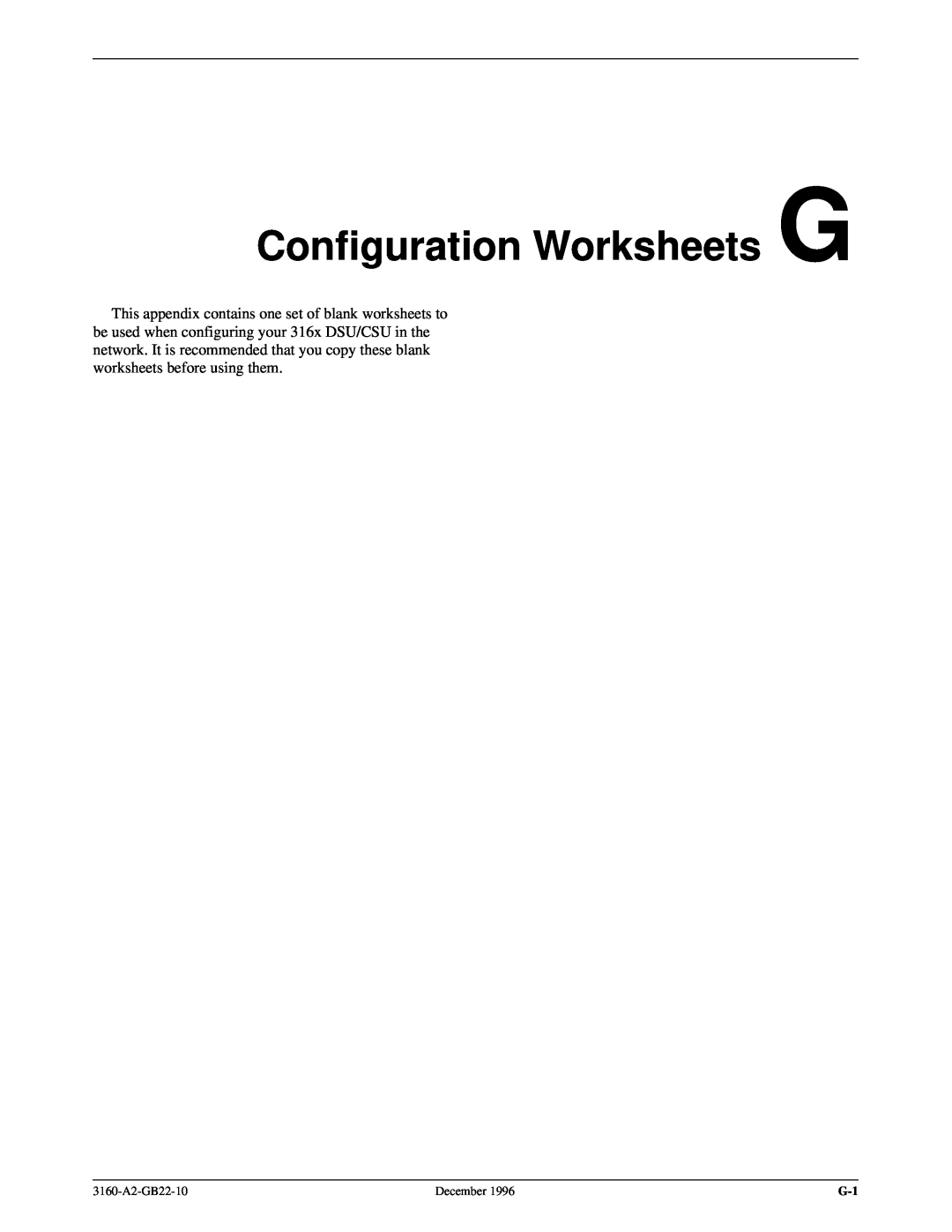 Paradyne 316x manual Configuration Worksheets G, 3160-A2-GB22-10, December 