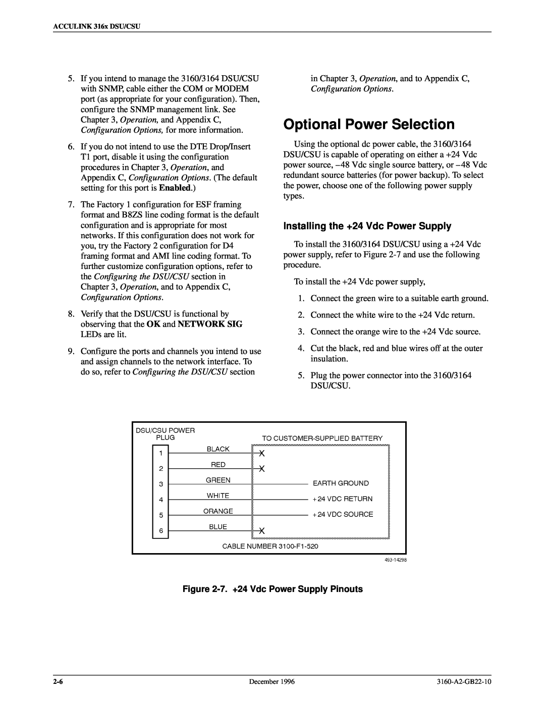 Paradyne 316x manual Optional Power Selection, Installing the +24 Vdc Power Supply, 7. +24 Vdc Power Supply Pinouts 