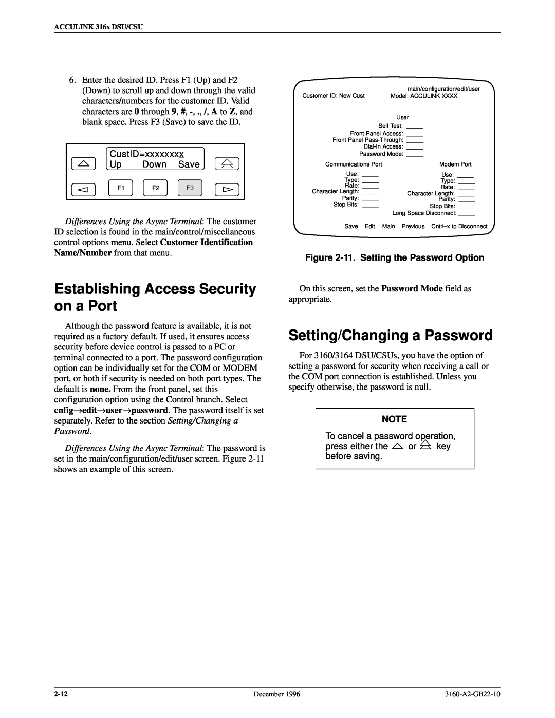 Paradyne 316x manual Establishing Access Security on a Port, Setting/Changing a Password, 11. Setting the Password Option 