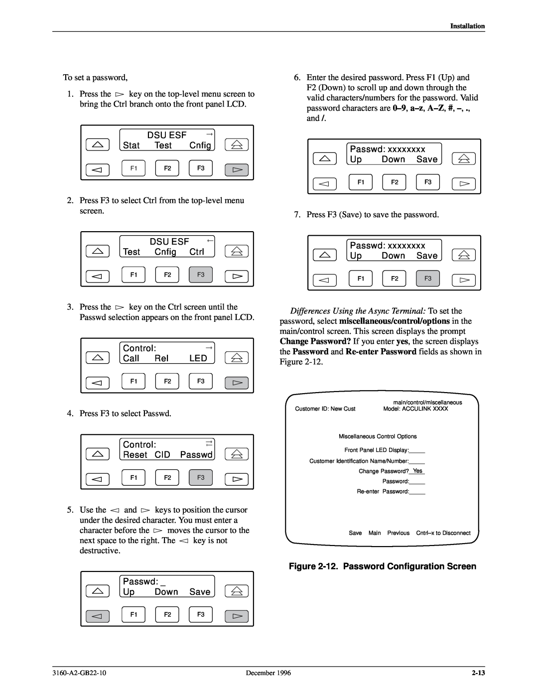 Paradyne 316x manual 12. Password Configuration Screen, main/control/miscellaneous 