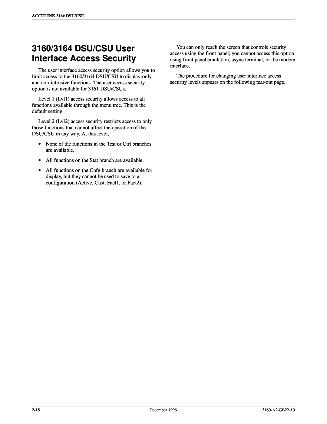 Paradyne 316x manual 3160/3164 DSU/CSU User Interface Access Security 