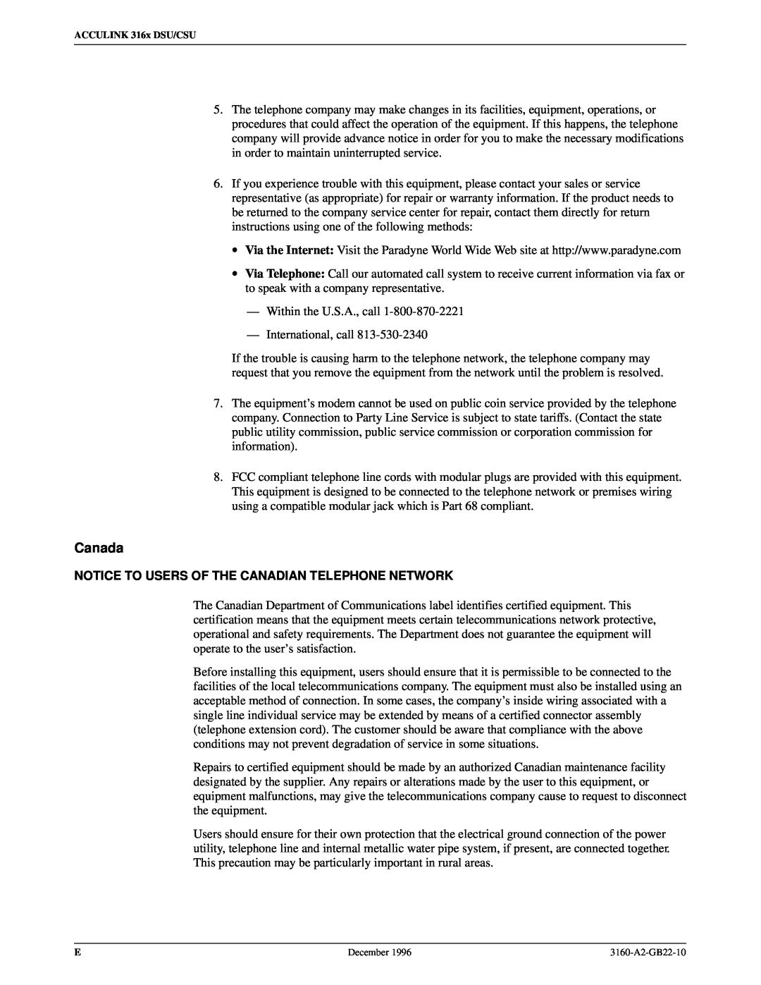 Paradyne 316x manual Canada, Notice To Users Of The Canadian Telephone Network 