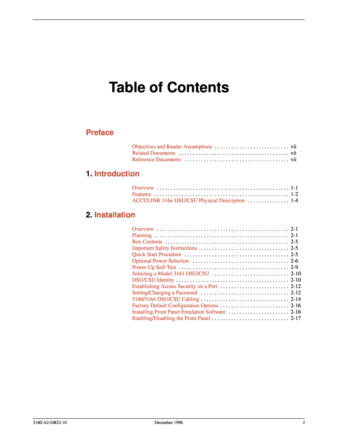 Paradyne manual Table of Contents, Preface, Introduction, Installation, ACCULINK 316x DSU/CSU Physical Description 