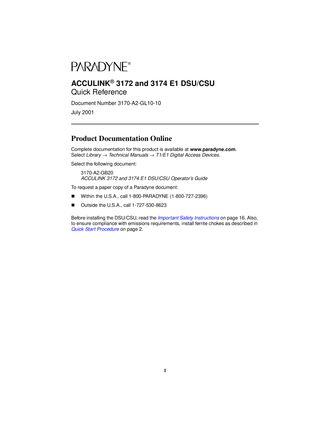 Paradyne manual Acculink 3172 and 3174 E1 DSU/CSU, Product Documentation Online 