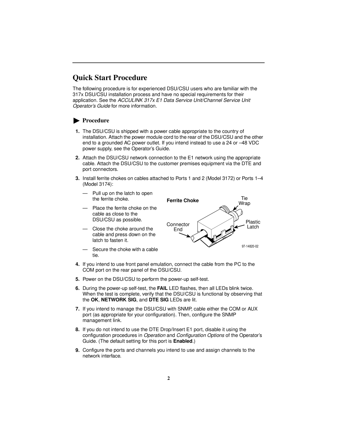 Paradyne 3172, 3174 manual Quick Start Procedure, Ferrite Choke 