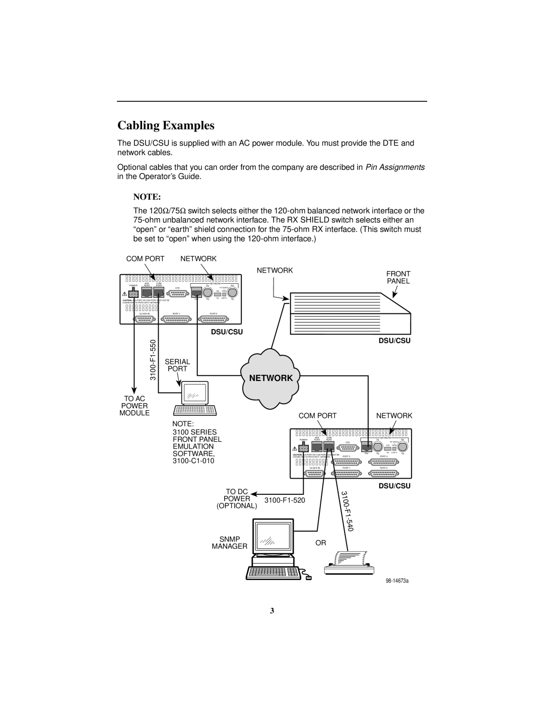 Paradyne 3174, 3172 manual Cabling Examples, Be set to open when using the 120-ohm interface 