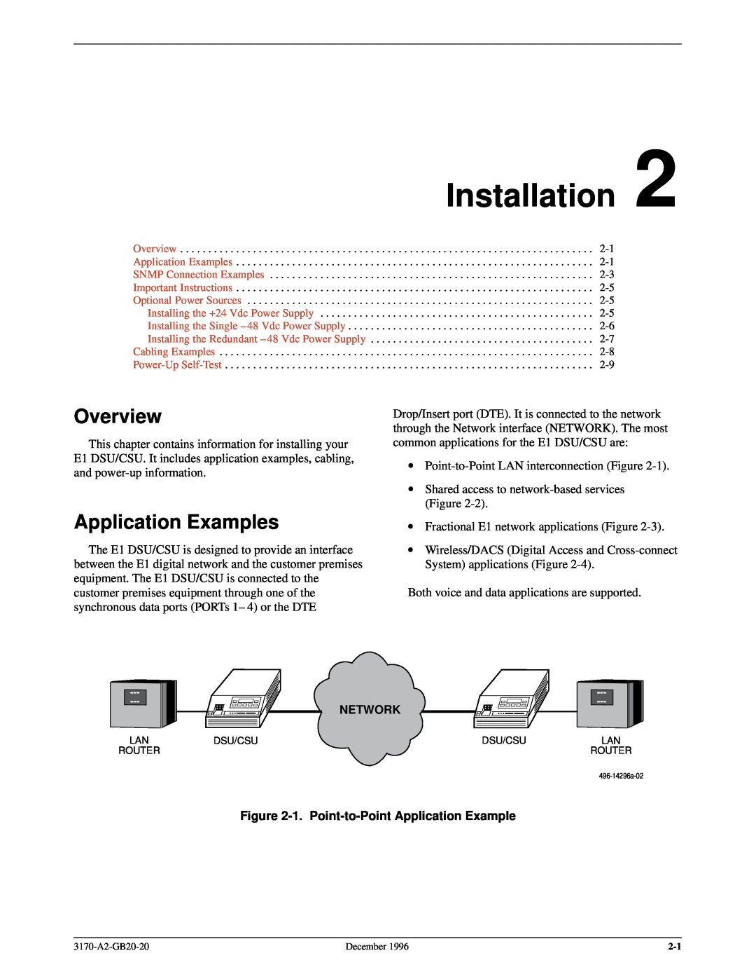 Paradyne 317x E1 manual Installation, Application Examples, Network, 1. Point-to-Point Application Example, Overview 
