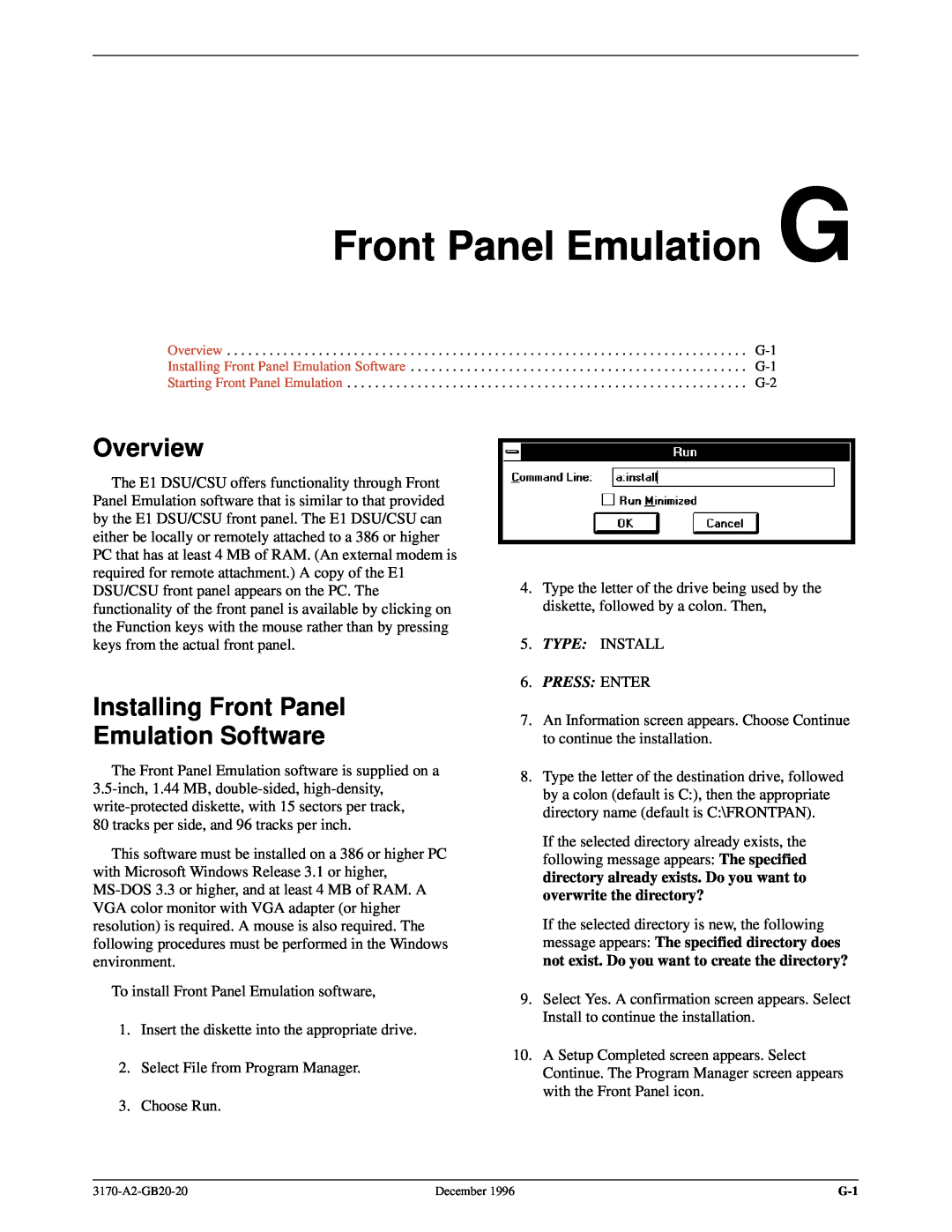 Paradyne 317x E1 manual Front Panel Emulation G, Installing Front Panel Emulation Software, Overview, Press Enter 