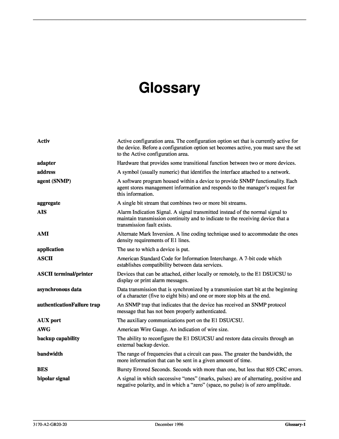 Paradyne 317x E1 manual Glossary 