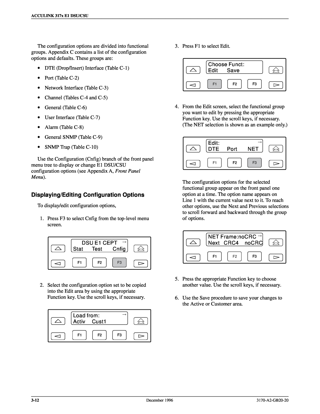 Paradyne 317x E1 manual Displaying/Editing Configuration Options 