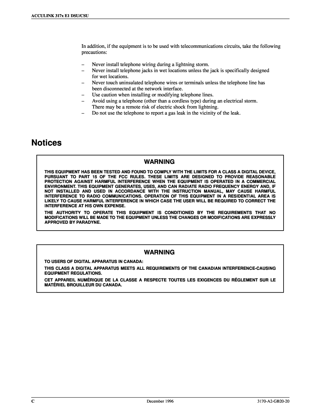 Paradyne 317x E1 manual Notices 