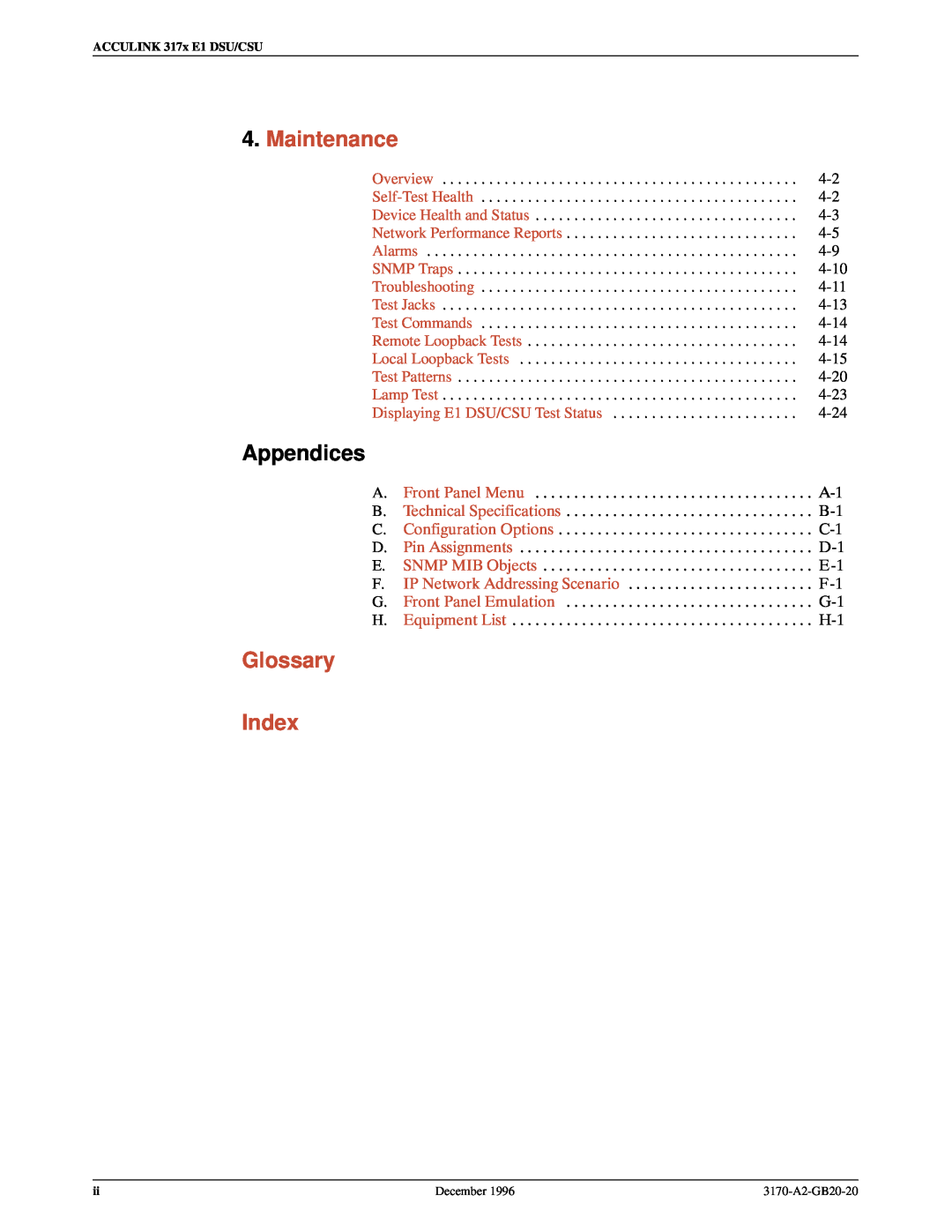 Paradyne 317x E1 manual Maintenance, Glossary Index, Appendices 