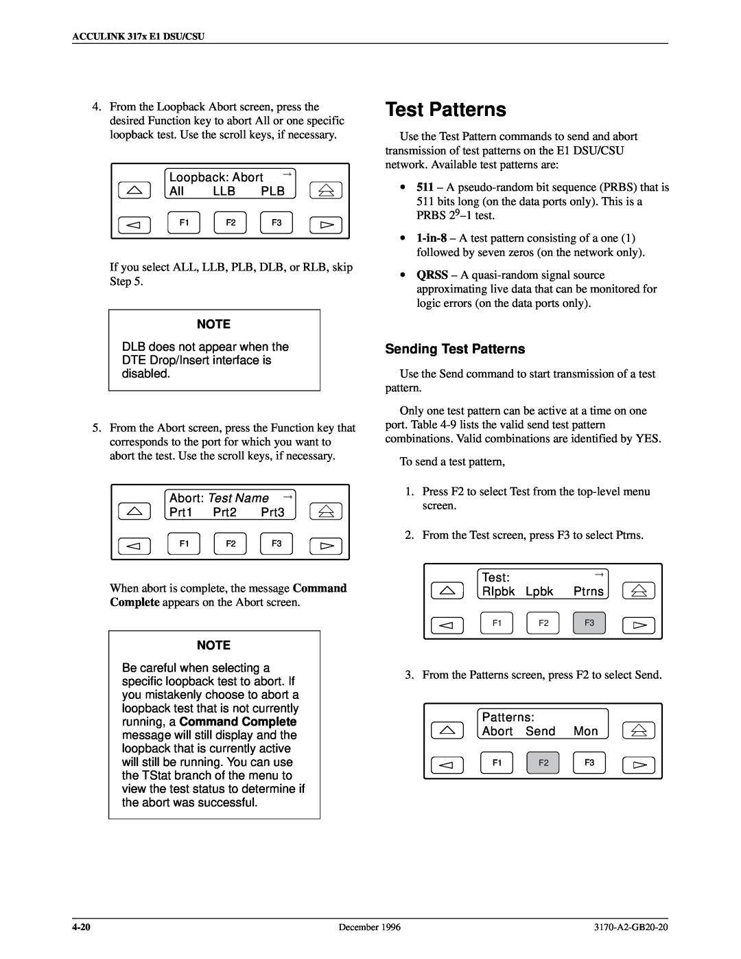 Paradyne 317x E1 manual Sending Test Patterns, Abort Test Name 