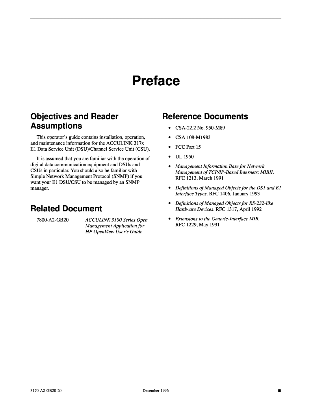 Paradyne 317x E1 manual Preface, Objectives and Reader Assumptions, Related Document, Reference Documents 
