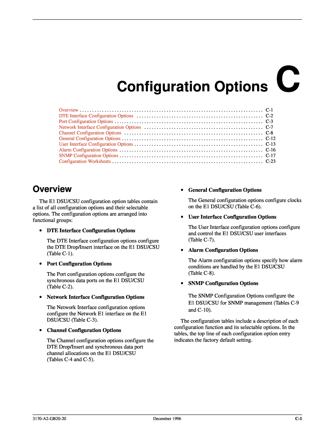 Paradyne 317x E1 manual Configuration Options C, Overview, DTE Interface Configuration Options, Port Configuration Options 