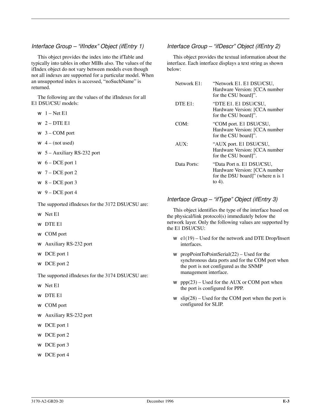 Paradyne 317x E1 manual Interface Group ± ªifIndexº Object ifEntry, Interface Group ± ªifDescrº Object ifEntry 