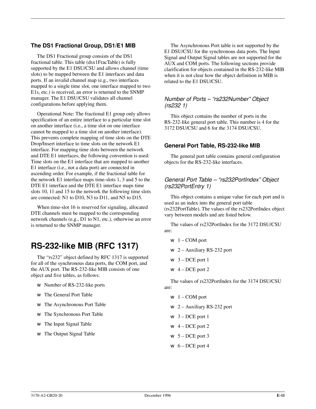 Paradyne 317x E1 manual RS-232-like MIB RFC, DS1 Fractional Group, DS1/E1 MIB, Number of Ports ± ªrs232Numberº Object rs232 