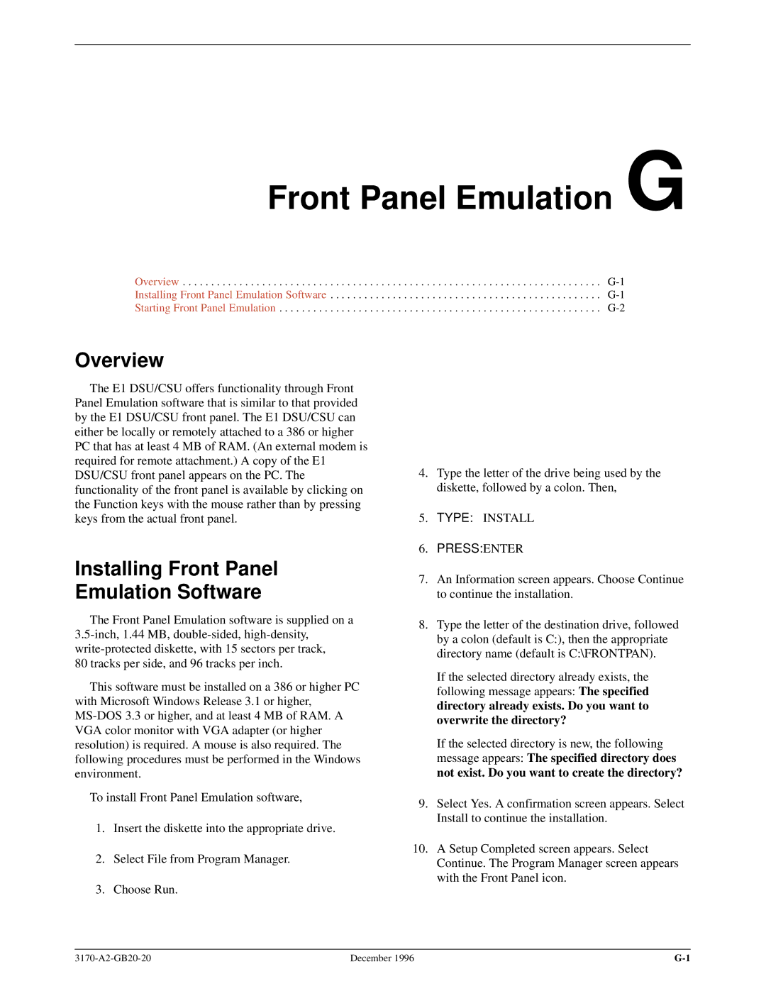 Paradyne 317x E1 manual Front Panel Emulation G, Installing Front Panel Emulation Software 