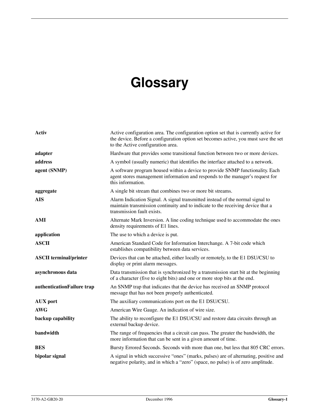 Paradyne 317x E1 manual Glossary, Activ 