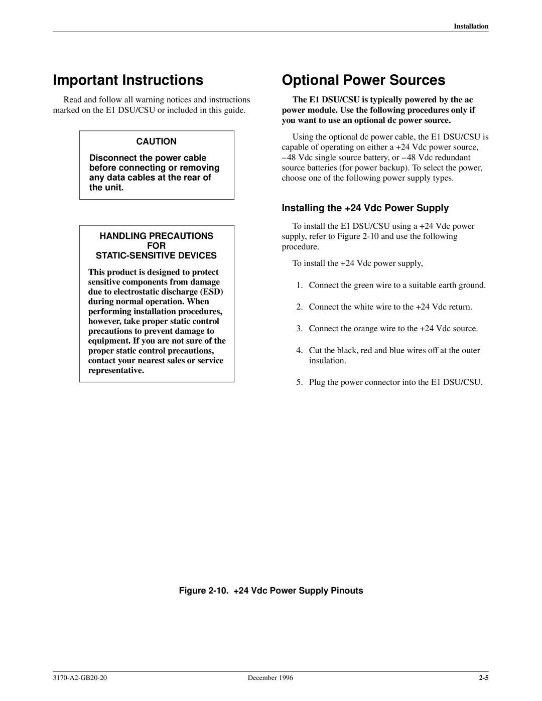 Paradyne 317x E1 manual Important Instructions, Optional Power Sources, Installing the +24 Vdc Power Supply 