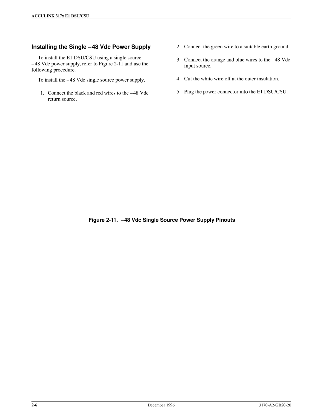 Paradyne 317x E1 manual Installing the Single ±48 Vdc Power Supply, 11. ±48 Vdc Single Source Power Supply Pinouts 