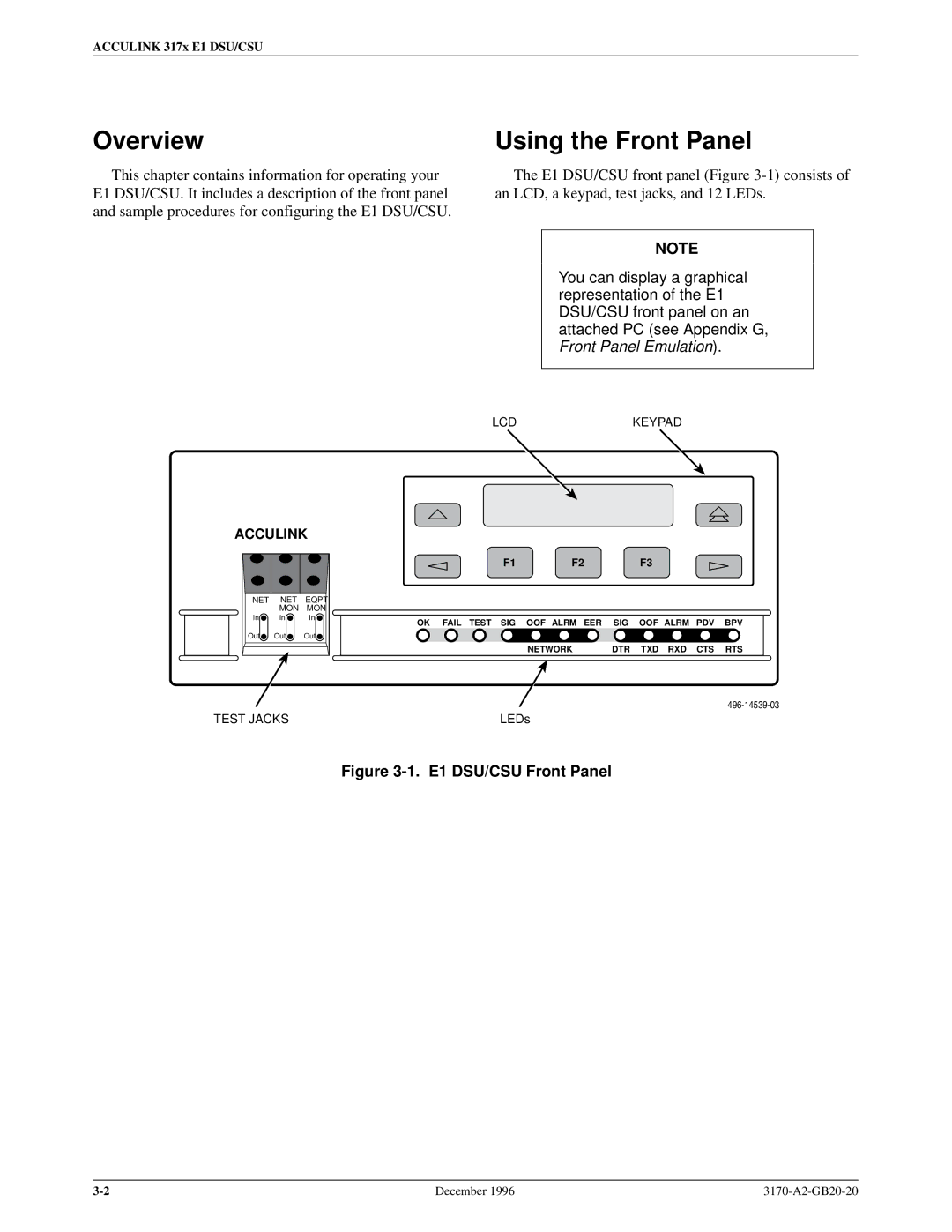 Paradyne 317x E1 manual Using the Front Panel, E1 DSU/CSU Front Panel 