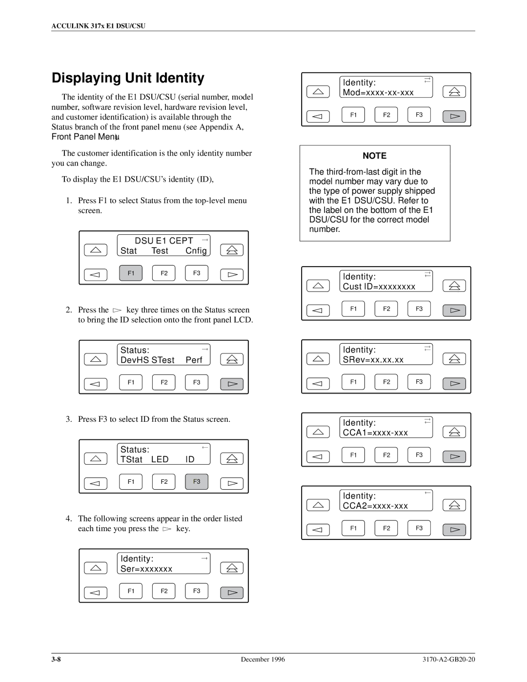 Paradyne 317x E1 manual Displaying Unit Identity 