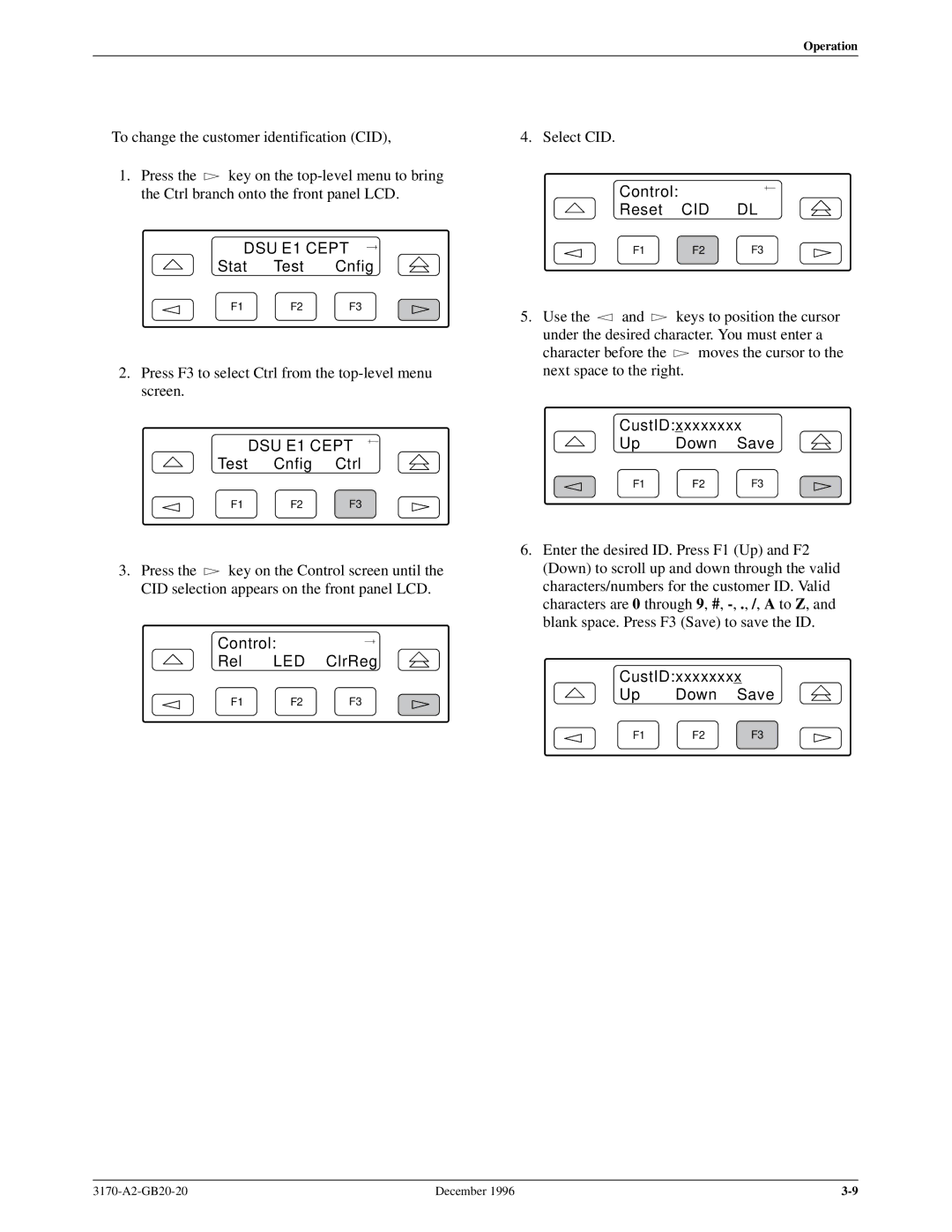 Paradyne 317x E1 manual Test Cnfig Ctrl, Control Rel, ClrReg, Control Reset CID DL, CustIDxxxxxxxx Up Down Save 