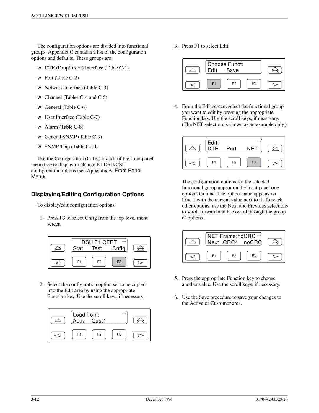 Paradyne 317x E1 manual Displaying/Editing Configuration Options, Load from Activ Cust1, Choose Funct Edit Save 