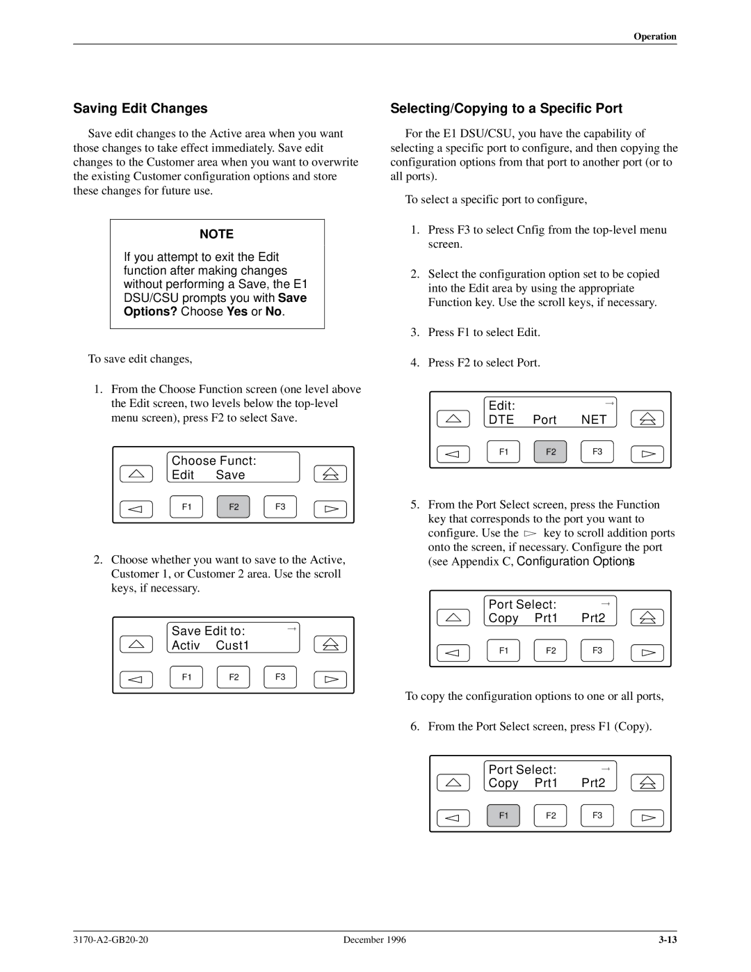 Paradyne 317x E1 manual Saving Edit Changes, Selecting/Copying to a Specific Port, Save Edit to Activ Cust1 