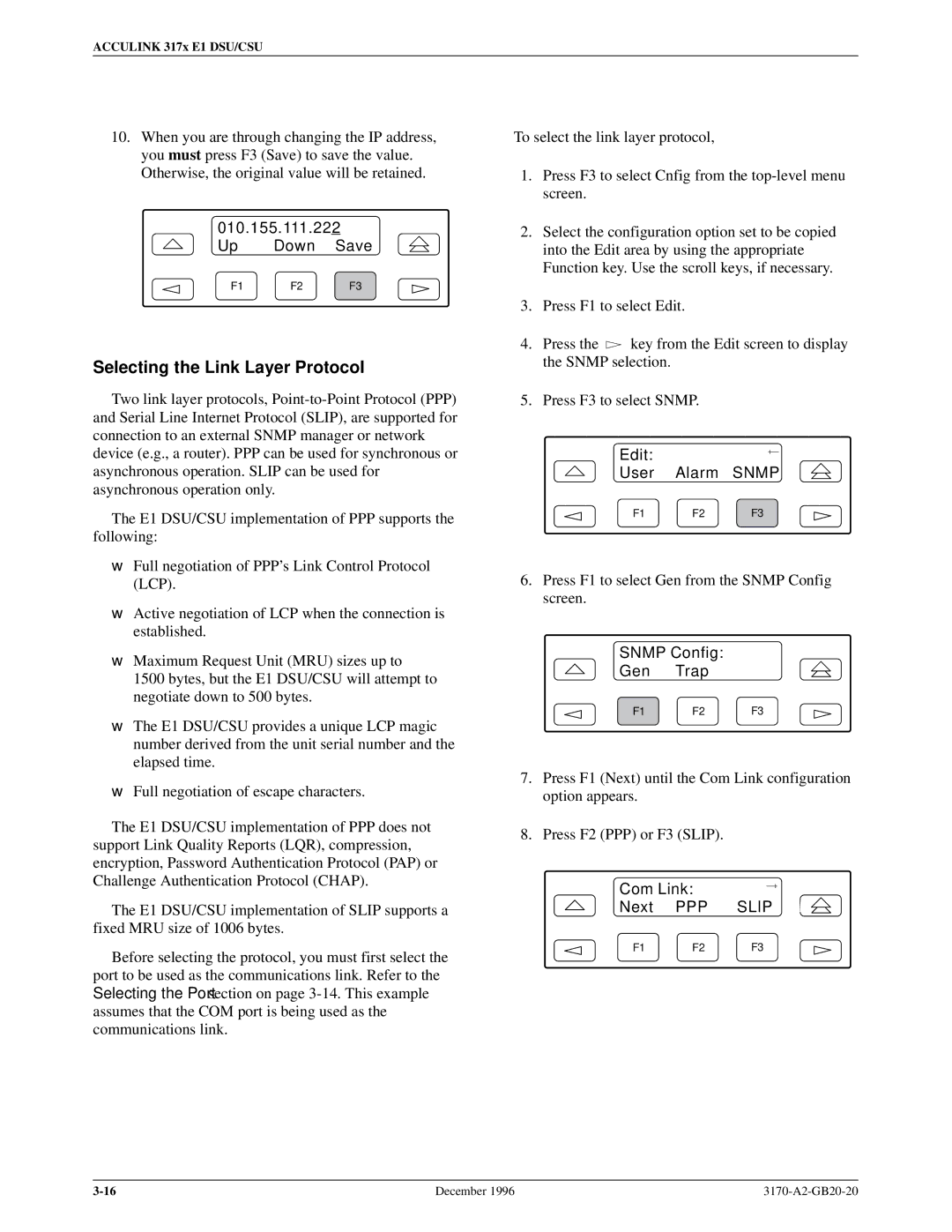 Paradyne 317x E1 manual Selecting the Link Layer Protocol, Up Down Save, Com Link Next PPP Slip 