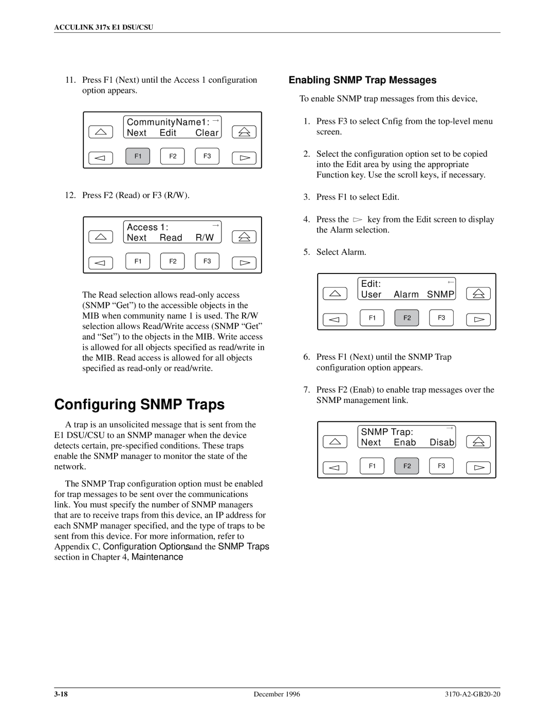 Paradyne 317x E1 Configuring Snmp Traps, Enabling Snmp Trap Messages, Access Next Read R/W, Snmp Trap Next Enab Disab 