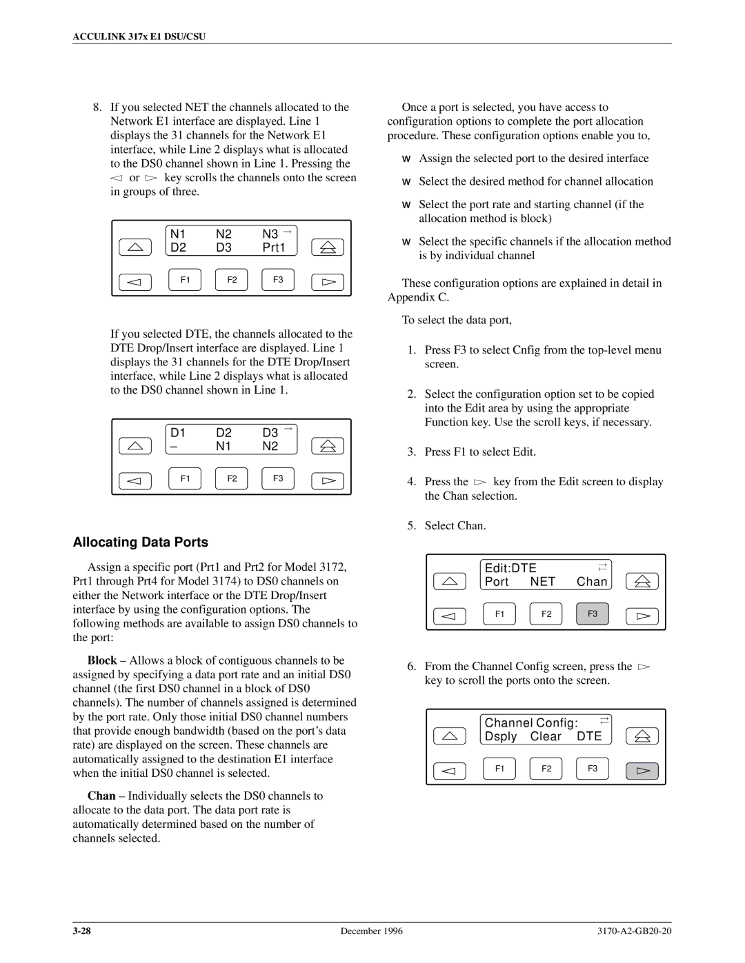 Paradyne 317x E1 manual Allocating Data Ports, Prt1, EditDTE Port, Chan 