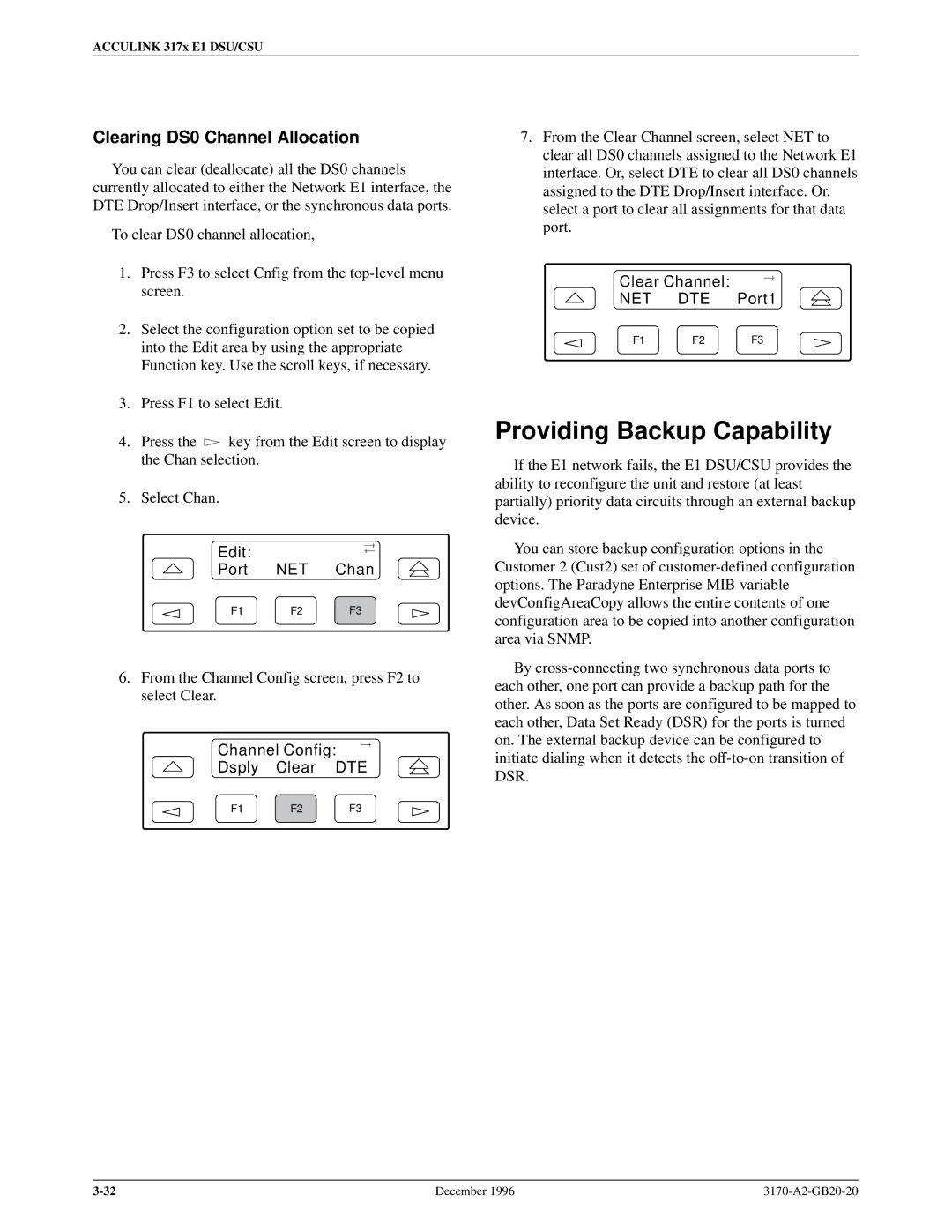 Paradyne 317x E1 manual Providing Backup Capability, Clearing DS0 Channel Allocation, Clear Channel, Port1 