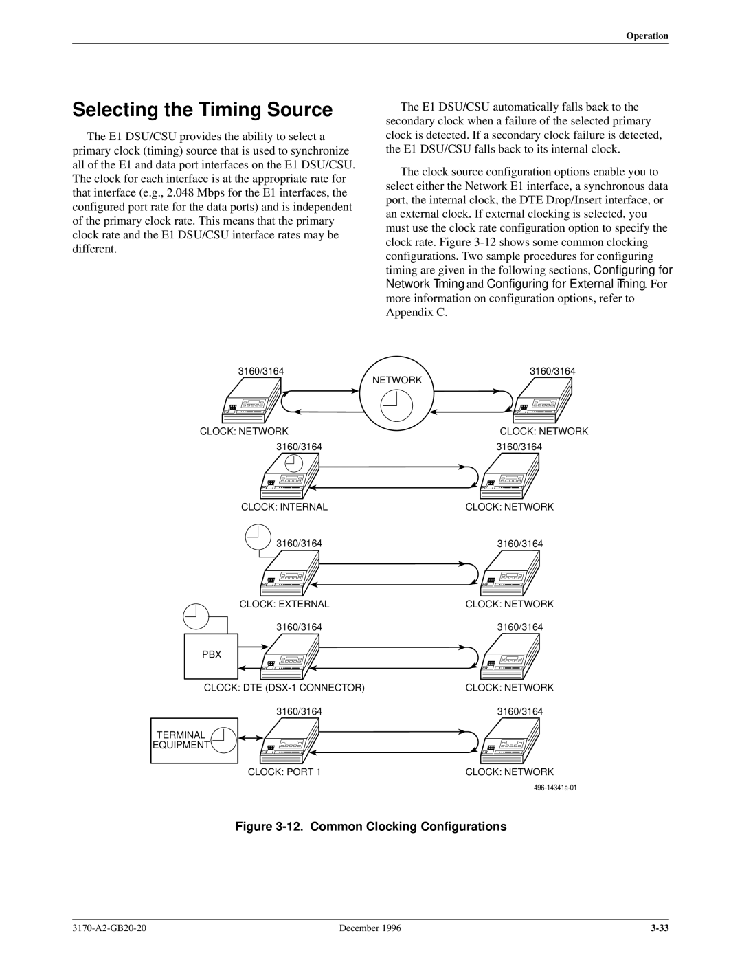 Paradyne 317x E1 manual Selecting the Timing Source, Common Clocking Configurations 