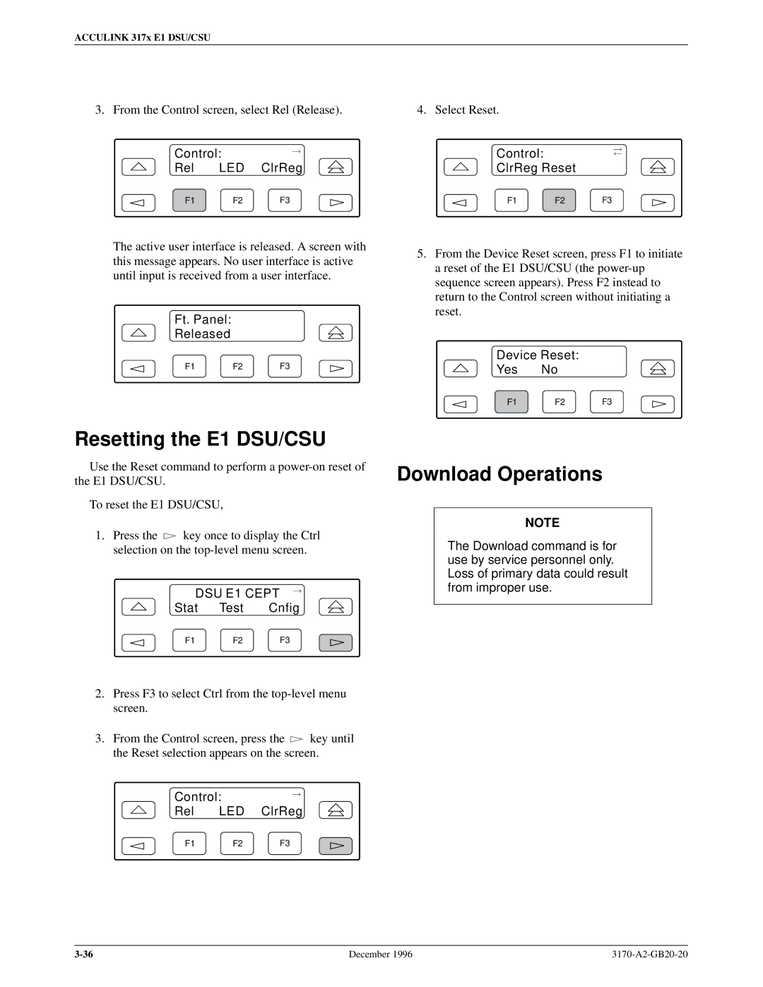 Paradyne 317x E1 manual Resetting the E1 DSU/CSU, Download Operations, Ft. Panel Released, Control ClrReg Reset 