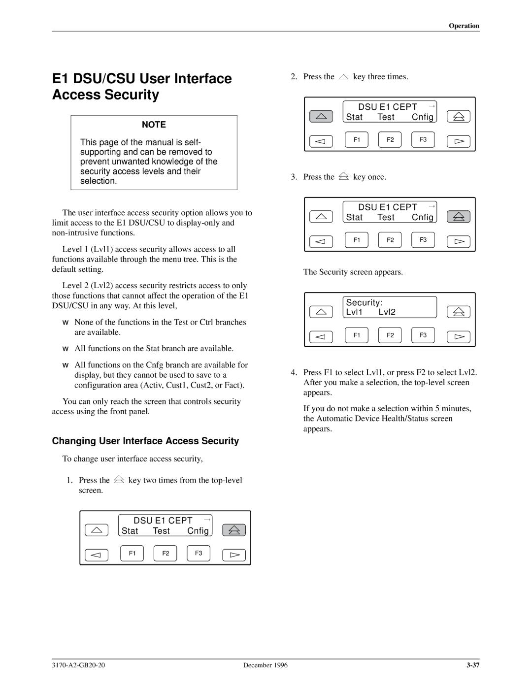 Paradyne 317x E1 E1 DSU/CSU User Interface Access Security, Changing User Interface Access Security, Security Lvl1 Lvl2 