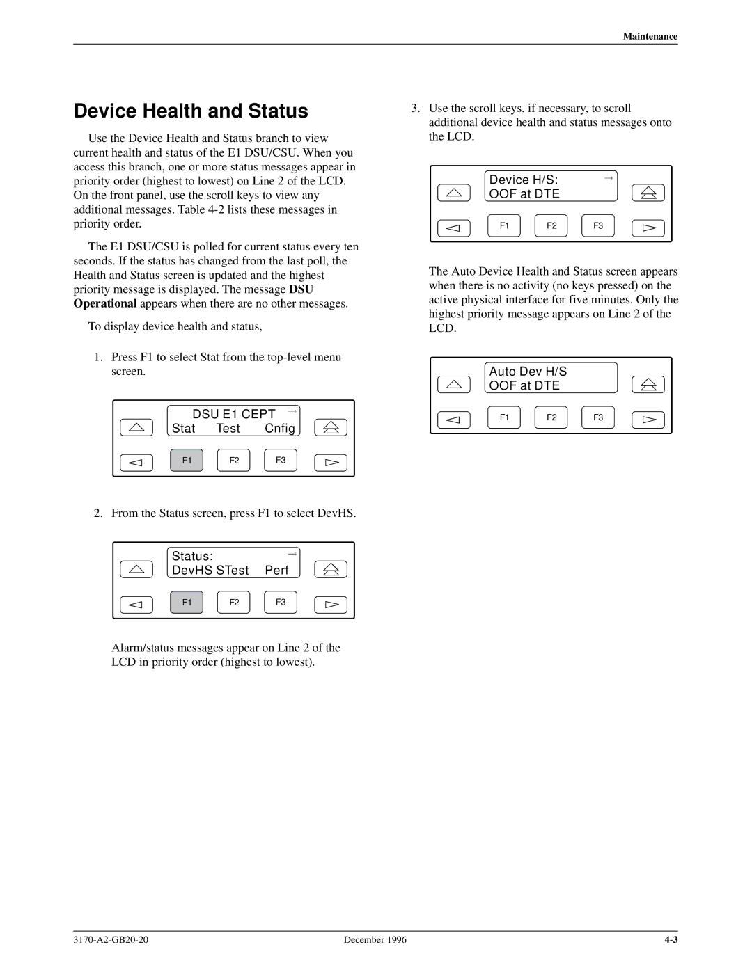 Paradyne 317x E1 manual Device Health and Status, Device H/S OOF at DTE, Auto Dev H/S OOF at DTE 