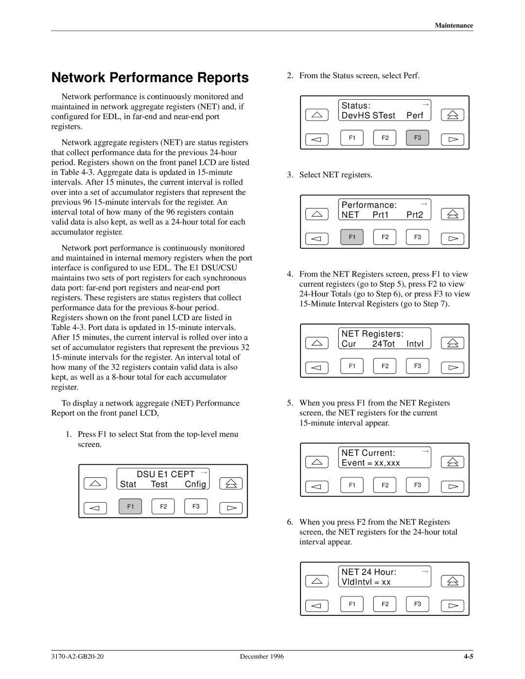 Paradyne 317x E1 manual Network Performance Reports, Performance NET Prt1 Prt2, NET Registers Cur 24Tot Intvl 