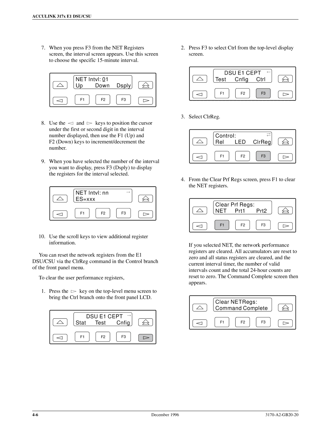 Paradyne 317x E1 manual NET Intvl Up Down Dsply, NET Intvl nn ES=xxx, Clear Prf Regs NET Prt1 Prt2 