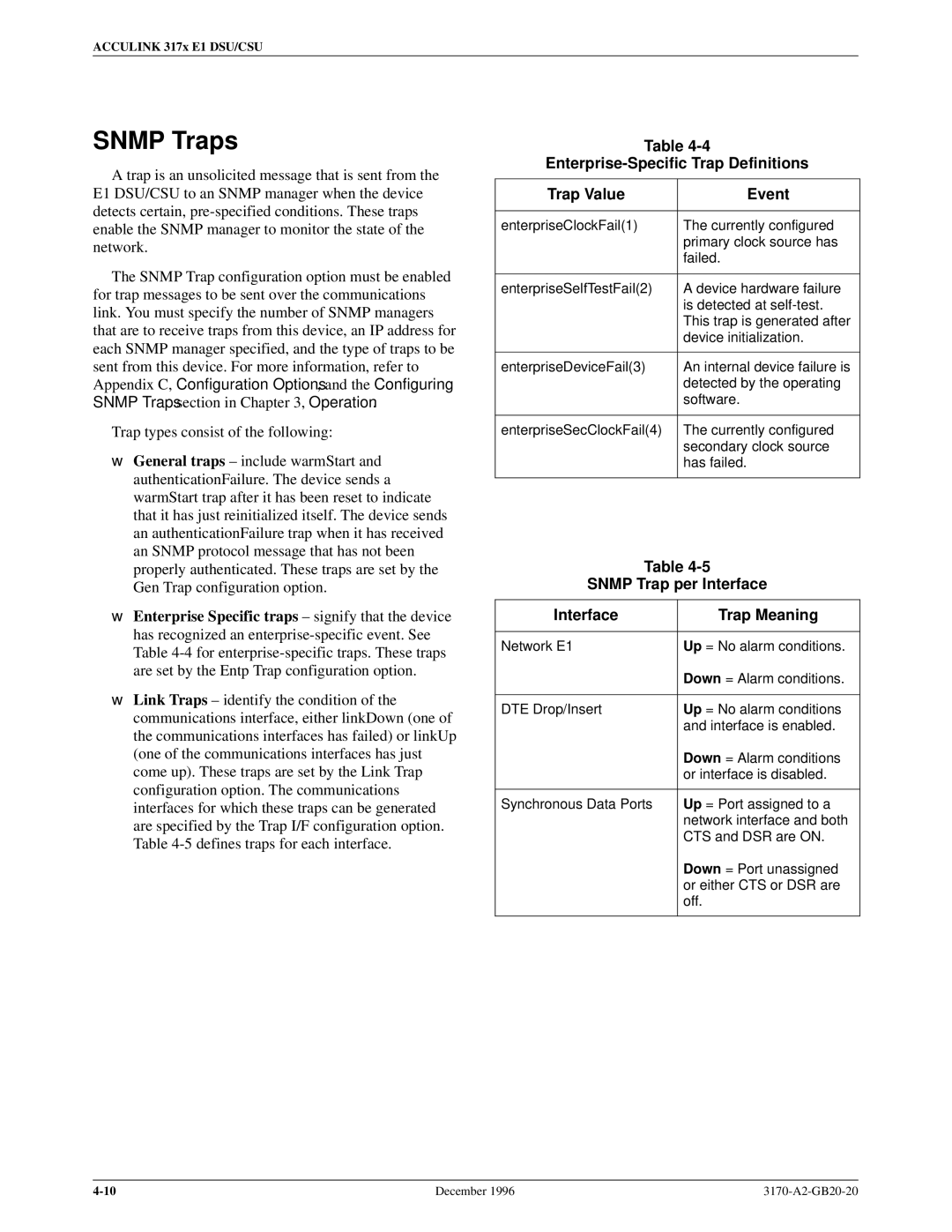 Paradyne 317x E1 Snmp Traps, Enterprise-Specific Trap Definitions Trap Value Event, Snmp Trap per Interface Trap Meaning 