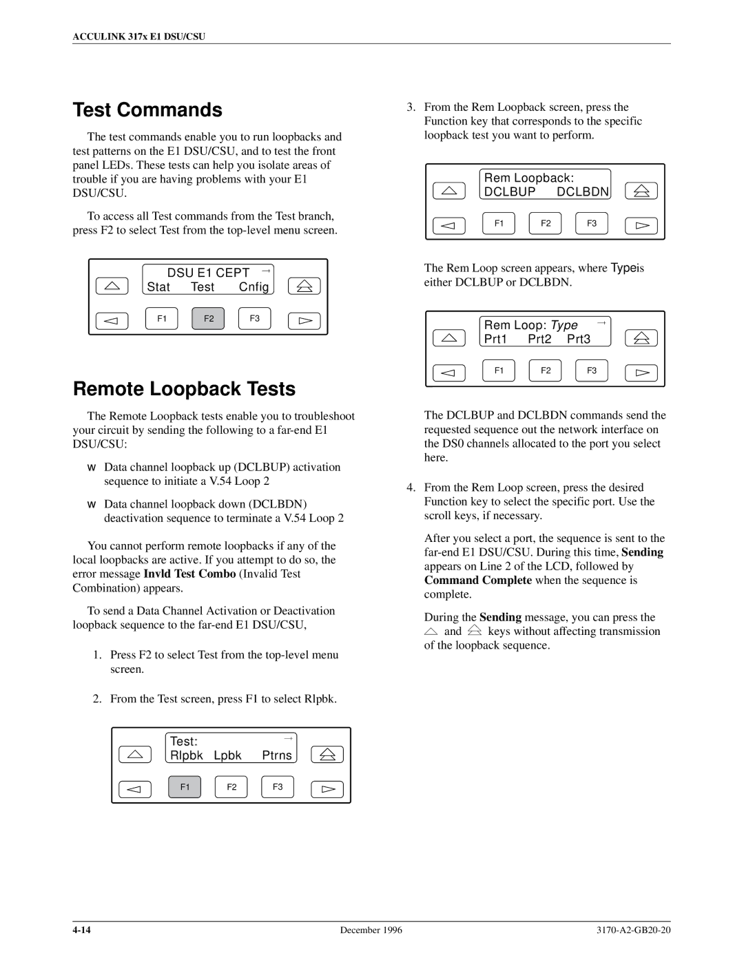 Paradyne 317x E1 Test Commands, Remote Loopback Tests, Test Rlpbk Lpbk Ptrns, Rem Loopback, Rem Loop Type Prt1 Prt2 Prt3 