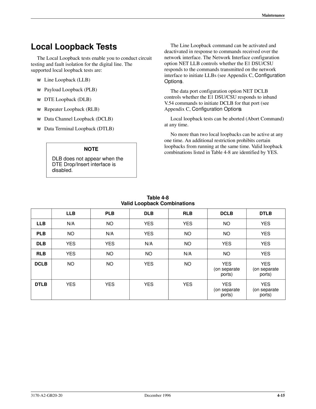 Paradyne 317x E1 manual Local Loopback Tests, Valid Loopback Combinations 